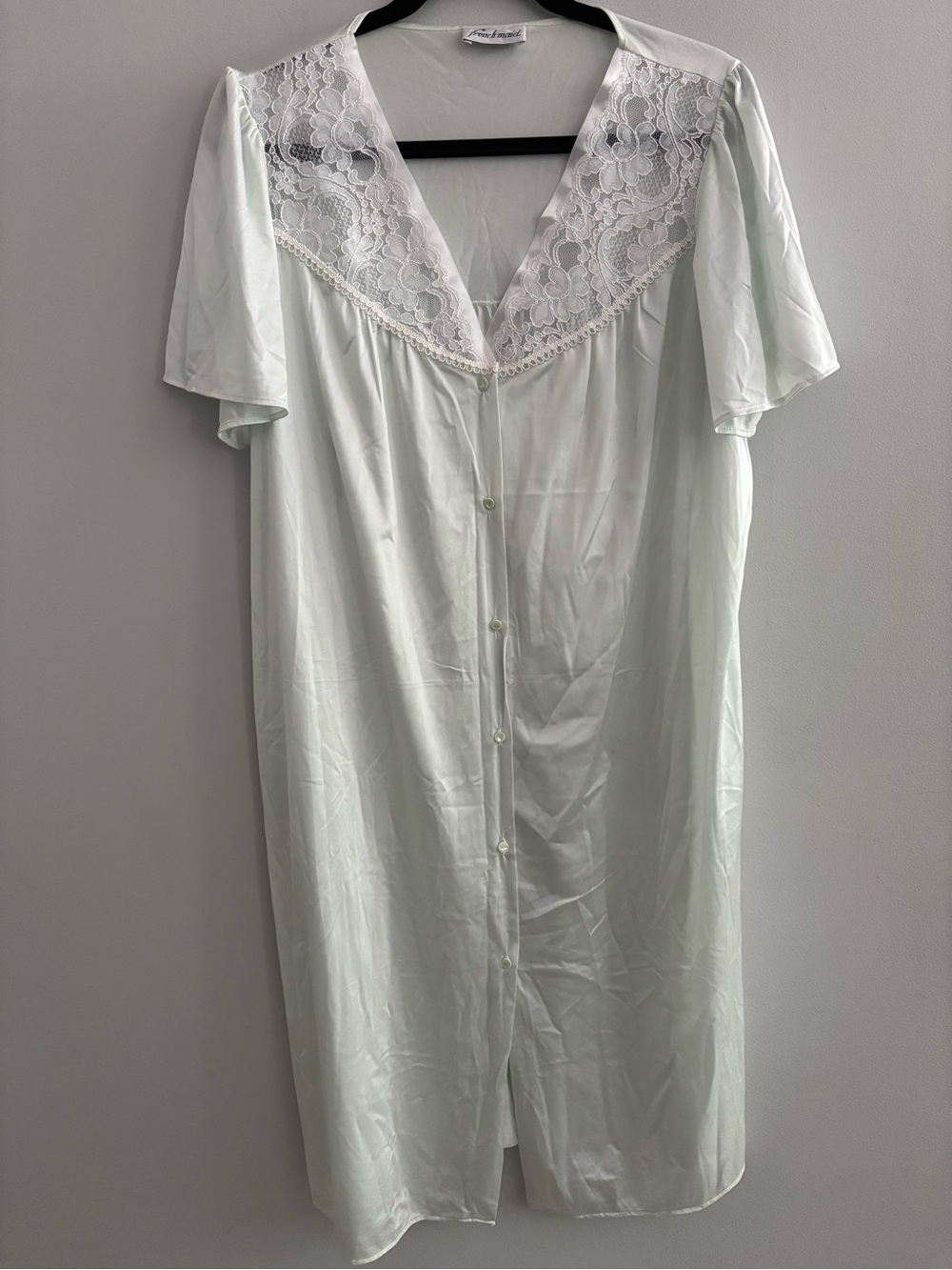 Vintage French Maid Mint Green Satin Lace Nightgown Button Front Size Large XL